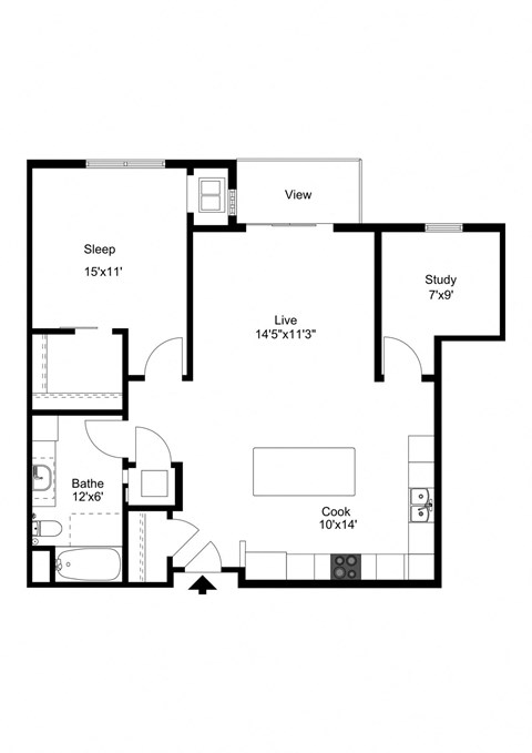 Floor plan for 1 bed, 1 bath, 986 sqft